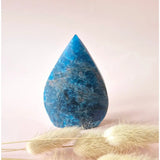 Blue apatite teardrop gemstone crystal, standing display by Moonlight Gemstones