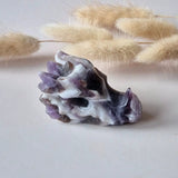 Amethyst dragon skull carving, 5 cm, purple and white banded crystal with natural textures