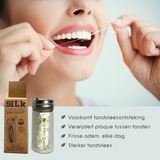 green-goose Plasticvrij Zijde Flosdraad 30m dental floss with Silk Peppermint packaging and bottle