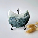 Moss agate crescent moon on stand by Moonlight Gemstones, druzy patterns, 297g