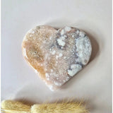 Pink amethyst druzy heart stone, 8–10 cm, textured crystal surface