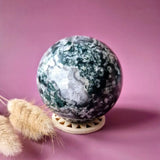 Moss agate druzy geode sphere, green and white crystals, 87mm, 932g