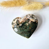 Druzy moss agate heart, 6-8 cm, green with cream patches, Moonlight Gemstones