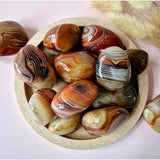 Edelstein Sardonyx Handsteine, 4–7 cm, polierte Trommel-/Palmsteine mit orangefarbenen Bändern in einer Holzschale