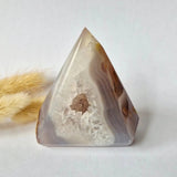 Druzy gray agate standing crystal pyramid with visible interior geode, 214g