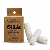 green-goose Silk Peppermint dental floss refill box with three white silk floss spools