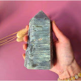 Labradorite tower by Moonlight Gemstones, purple-blue with rainbow flash, 579g