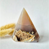 Druzy gray agate standing crystal pyramid with natural rough base