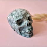 Moss Agate Skull sculpture by Moonlight Gemstones, XL size (10 cm, 570 g) with green moss veining and polished surface
