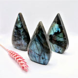 Labradorite drop crystals by Moonlight Gemstones, trio of standing teardrop stones with blue-green iridescence
