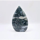 Druzy moss agate teardrop standing gemstone crystal, green with white bands, Moonlight Gemstones, 9 cm tall