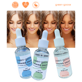 green-goose Organic Tanning Drops 30 ml; three bottles with droppers labeled Dark, Medium, Light