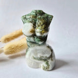 Moss agate woman bust figurine, 8 cm, hand-carved gemstone sculpture in green and white