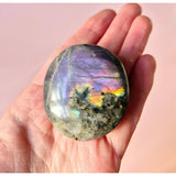 Labradorite palm stone from Moonlight Gemstones, iridescent purple-blue worry stone