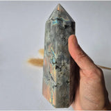 Labradorite Tower with Rainbow Flash by Moonlight Gemstones, purple and orange hues, 560g
