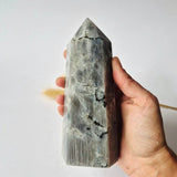 XL Labradorite tower crystal 560g with rainbow flash, blue-gray with natural veining