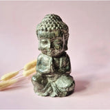 Pyrite Buddha statue, 15 cm tall, golden metallic finish