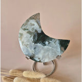 Moonlight Gemstones XL moss agate crescent moon on stand; druzy patterns, 209 g