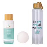 green-goose Spa Giftset, 3-piece: bath oil with bamboo cap, bath bomb, and tall clear bottle with teal script