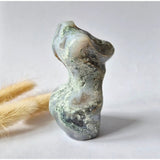 Moss agate woman statue, 8 cm, greenish hand-carved gemstone sculpture
