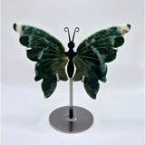 Moonlight Gemstones Edelsteen mosagaat vlinder op metalen standaard, groene vlinder sculptuur