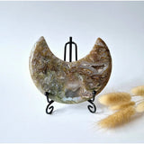 Moss agate crescent moon on stand with druzy patterns, Moonlight Gemstones, 276g