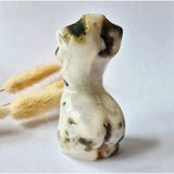 Moss agate hand-carved female figurine, 8 cm, cream with green moss inclusions