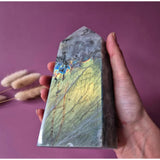 Labradorite tower by Moonlight Gemstones with rainbow flash; XL purple-green iridescence