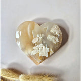 Pink amethyst druzy heart pendant, polished stone with white crystal clusters, 8–10 cm