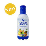 Forever Freedom collagen drink bottle with blue cap, white label and fruit imagery, new badge