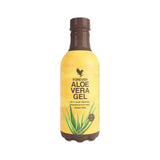 Forever Aloe Vera Gel bottle by Forever Living, yellow label with aloe leaves, brown cap