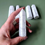 Howlite obelisk towers, white with gray veining, 8–10 cm tall; set of 6