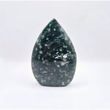 Druzy moss agate teardrop standing gemstone crystal, green with white specks, 10 cm tall, 197 g