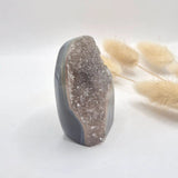 Moonlight Gemstones Druzy gray agate freeform standing geode with crystal interior