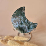 Moonlight Gemstones XL moss agate moon on stand with green and white drusy patterns
