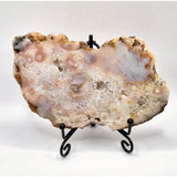 Crystal Cherry Blossom agate large display slab on stand in pink-lavender hues, Moonlight Gemstones