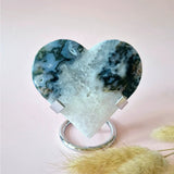 Edelsteen druzy mosagaat hartvormig op metalen standaard, Moonlight Gemstones, 138 g