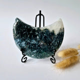 Moss agate crescent moon on stand with druzy pattern, Moonlight Gemstones