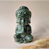 XL Nephrite Jade Buddha statue, green carved gemstone sculpture, 15 cm tall