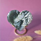 Moss agate druzy heart on metal stand; green with white banding, Moonlight Gemstones