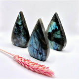 Moonlight Gemstones labradorite teardrop drops with iridescent blue-green flashes, set of 3 standing crystals