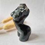 Moss agate female torso sculpture, hand-polished 8 cm, glossy gemstone figurine