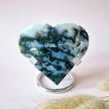 Edelsteen Druzy mosagaat hart op metalen standaard, blauw-groene patroon, Moonlight Gemstones, 128 g