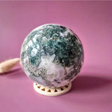 Moss agate druzy geode sphere, 90mm (1kg), green-white crystal ball on wooden stand