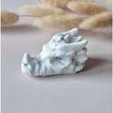Dragon skull carving by Moonlight Gemstones, white howlite with gray veining, 5 cm