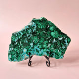 Chrysocolla/Malachiet edelsteen slab, 466 g (15×12 cm), groen bandpatroon op metalen standaard