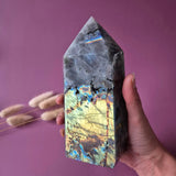 XL Labradorite tower in purple rainbow with rainbow flash, Moonlight Gemstones, 933g