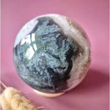 Mosagaat drusy geode bol, kristallen edelsteen, 90mm, 1028g, blauwgroene kristallen kern, Moonlight Gemstones