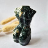 Moss agate female figurine sculpture, 8 cm tall, hand-polished gemstone carving by Moonlight Gemstones.