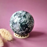 Moss agate druzy geode sphere by Moonlight Gemstones, 87mm, 932g with green and white crystals
